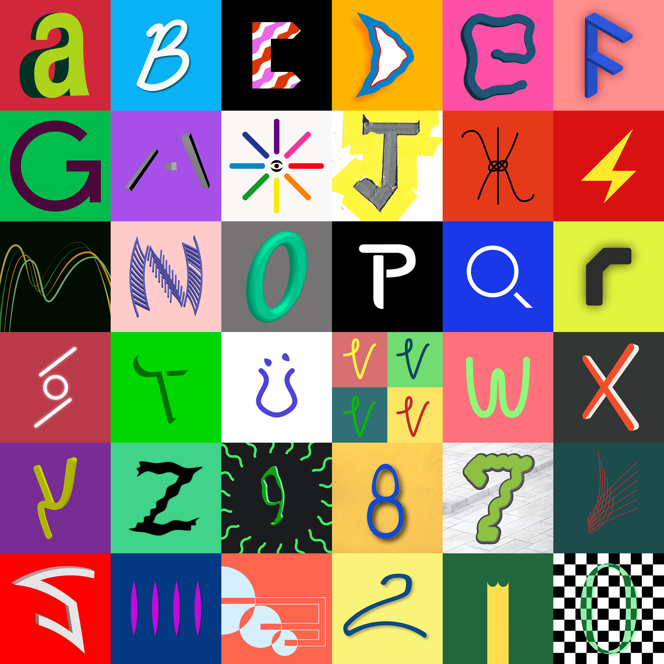 A six by six grid of all 36 letterforms designed during the project