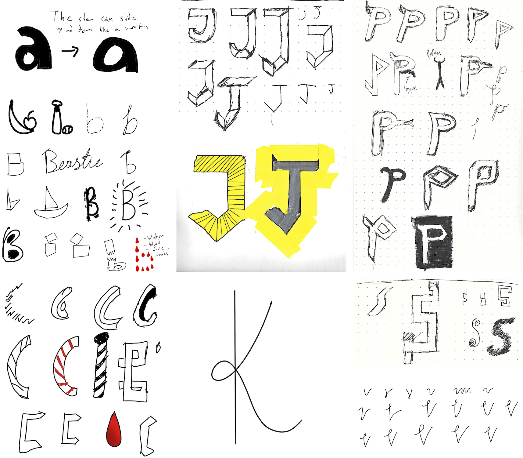 A grid of 9 pencil and Procreate sketches of various letterforms