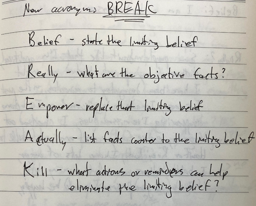 My notebook with the first concept of the BREAK journaling process written out