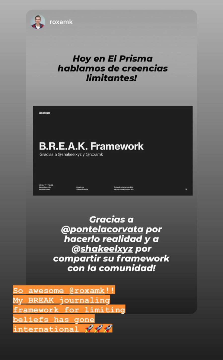 A screenshot of an Instagram story from @roxamk showing the BREAK framework translated into Spanish