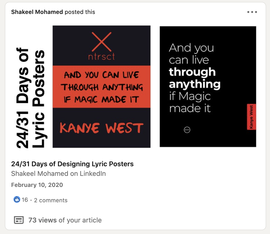 A screenshot of the LinkedIn article I wrote about the lyric poster project