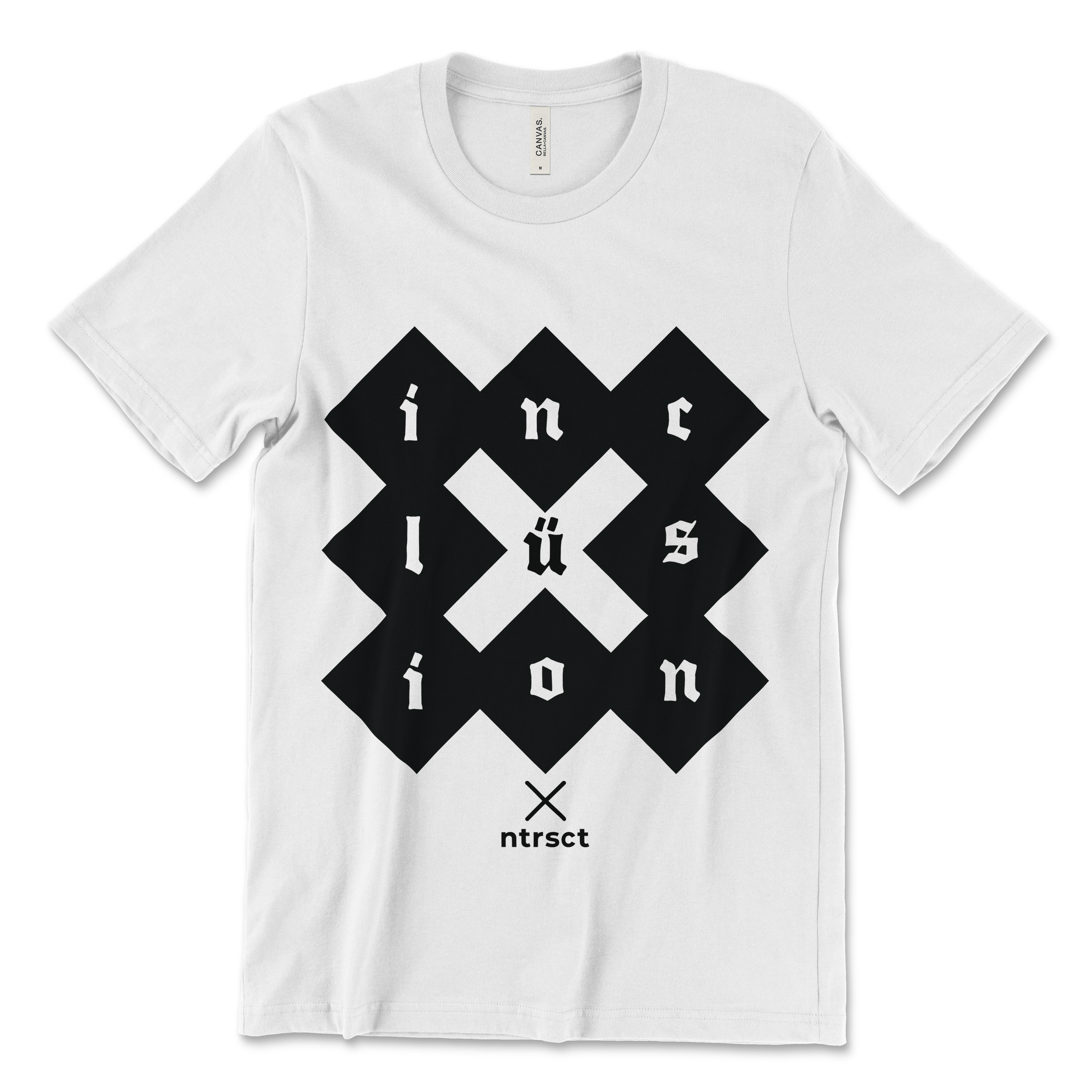 A digital mockup of the inclusion graphic in black ink on a white t-shirt